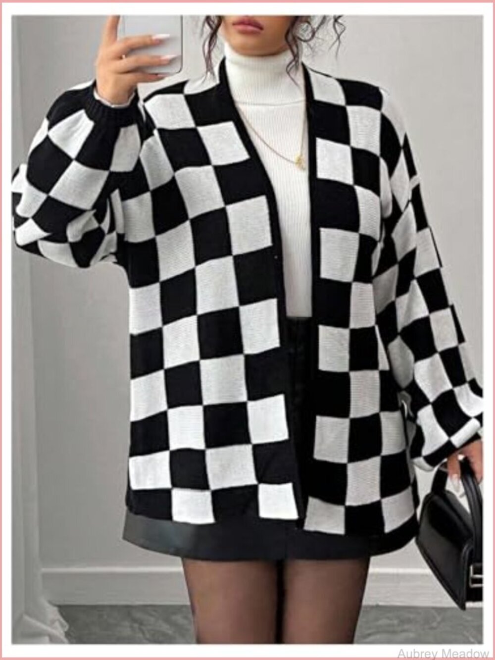 Plus Size Checkered Cardigan Open Front Knit Long Sleeve Sweater - Picture 5 of 6